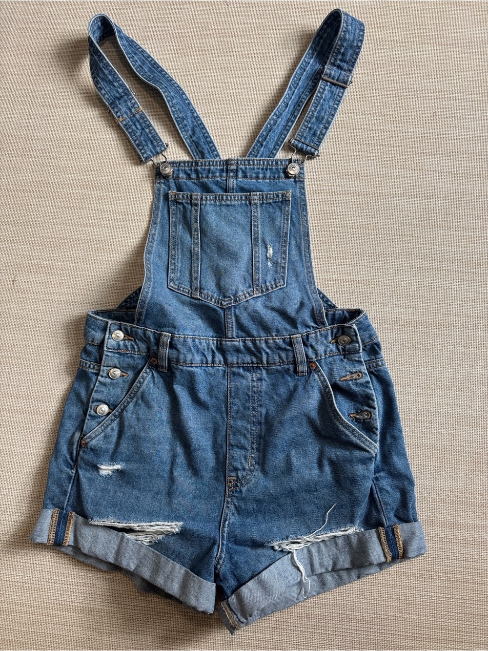 H&M Divided Denim Short Overalls Size 4 Distressed Jean Shortalls